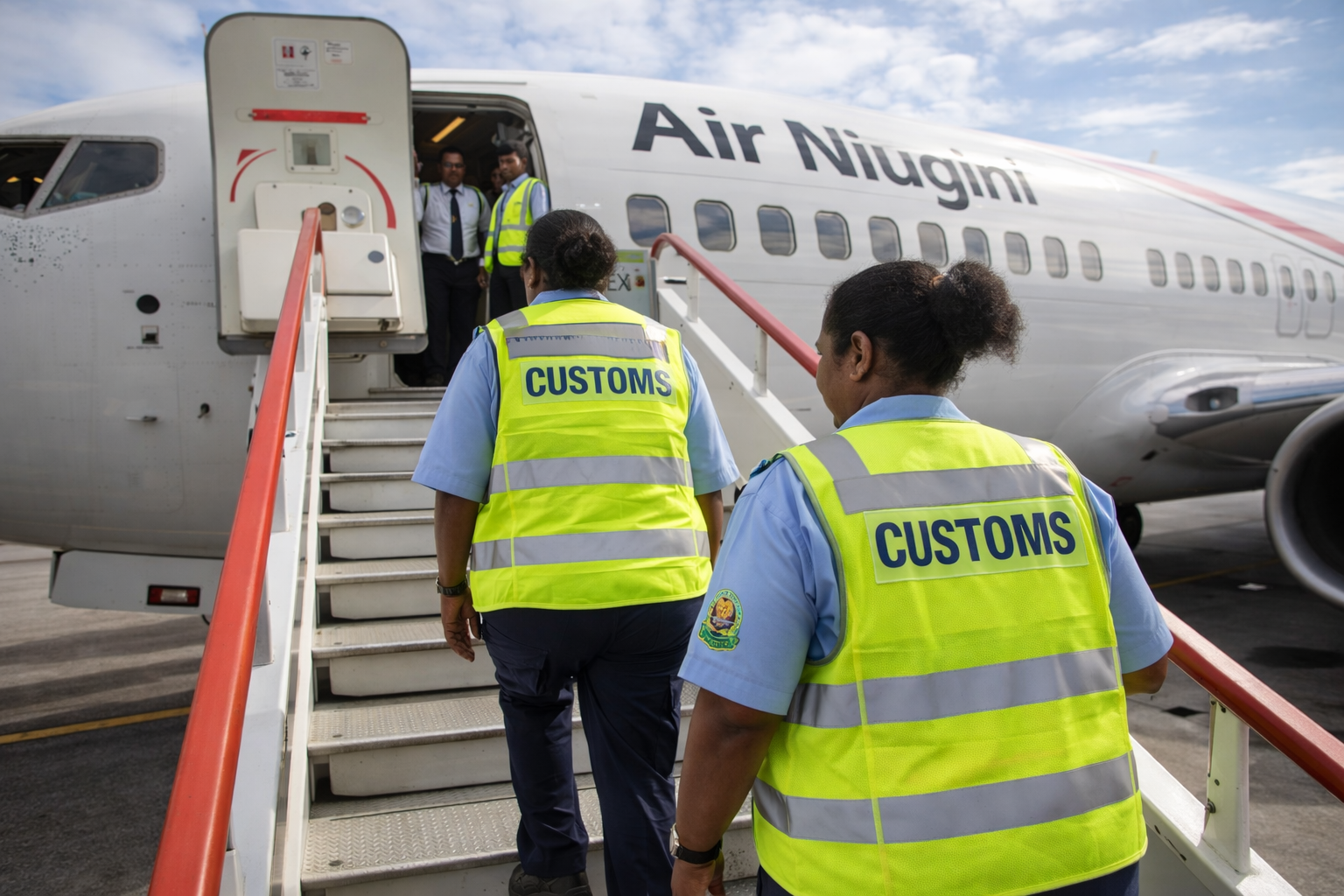 PNG Customs airport clearance officers boarding a Air Niugini International flight