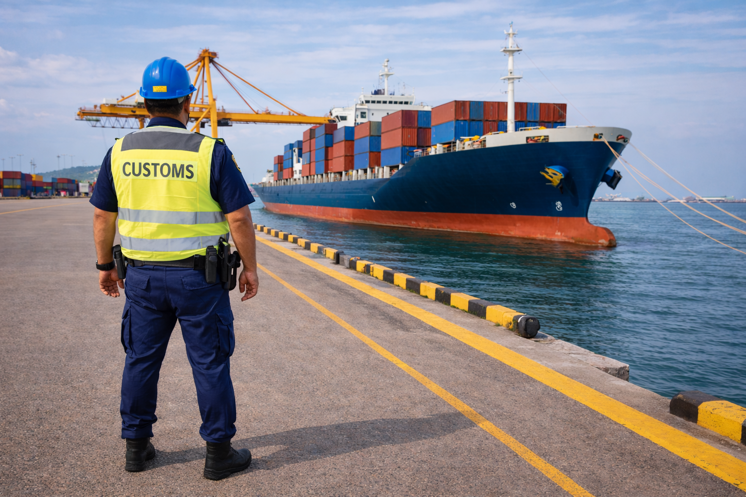 PNG Customs vessel boarding officer at ship's berthing point